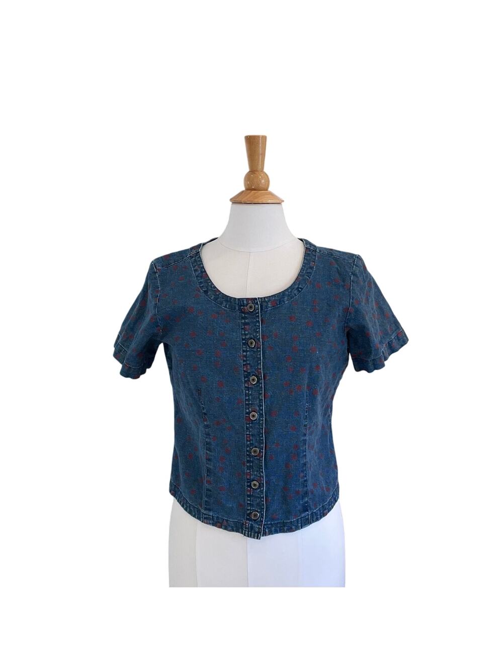 Requirements Blue Floral Linen Cotton Denim Button Down Short Sleeve Shirt, MP